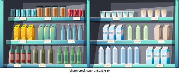 Big seamless collection of vector cartoon style supermarket shelves with products, food, drinks.