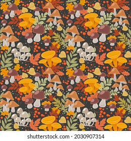 Big seamless pattern from autumn leaves and mushrooms, red berries on dark gray background