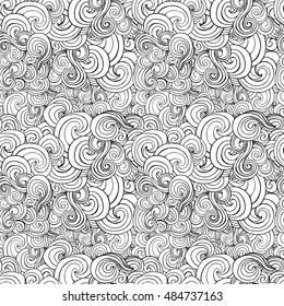 Big seamless pattern with black and white stylized curls and waves for fabric textile design, pillow or wrapping. Vector illustration