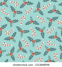 Big Seamless Pattern Holly And Candy Canes Turquoise