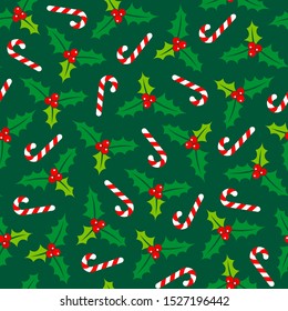 Big Seamless Pattern Holly And Candy Canes Dark Green Red White