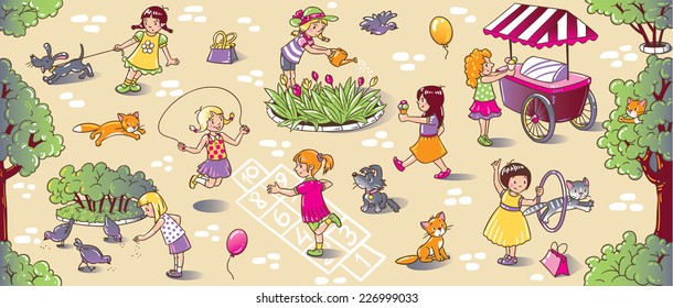 Big seamless pattern or picture set of small girls playing in the yard with cats and dogs, watering flowers, jumping and eating ice cream