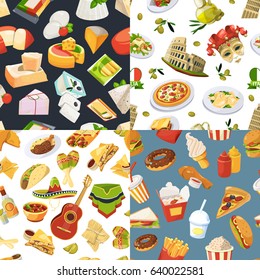 Big seamless pattern set with different worldwide cuisines of mexico, europe and italy