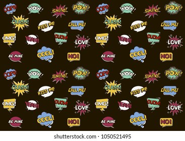 Big seamless pattern with speech bubbles on the black background. Comic style. Pop art. Vector illustration