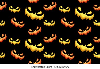 Big Seamless pattern with spooky and crazy pumpkins, monsters faces in the dark for Halloween design. 3D Realistic vector illustration.