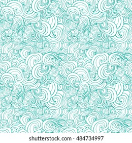 Big seamless pattern with turquoise or blue stylized curls and waves for fabric textile design, pillow or wrapping. Vector illustration