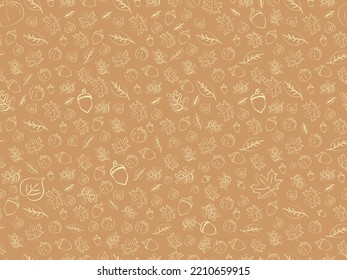 Big Seamless Repeating Pattern Of Autumn Elements Pumpkin, Acorn, Leaves, Nuts, On Mocha Background. Giant Banner With Hand Drawn Maple Leaf, Acorn, Pumpkins, Birch Leaves. Vector Illustration. EPS 10