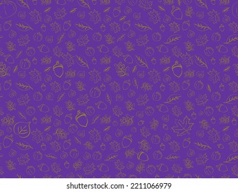 Big Seamless repeating pattern of autumn elements pumpkin, acorn, leaves, nuts, on eggplant background. Giant Banner with hand drawn maple leaf, acorn, pumpkins, birch leaves. Vector Illustration.