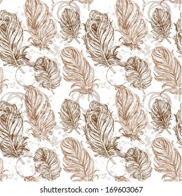 Big seamless romantic background from bird feathers on grunge stains from cups