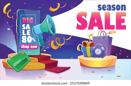 Big Season Sale Banner. E commerce advertising background with smartphone standing on podium, gifts and shopping bags. Black Friday, discount and special offer. Cartoon 3D vector illustration