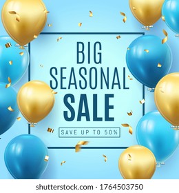 Big Seasonal Final Sale Text, Special Offer Blue Banner Celebrate Background With Gold Foil And Blue Air Balloons. Realistic Vector Stock Design For Shop And Sale Banners, Grand Opening, Party Flyer.