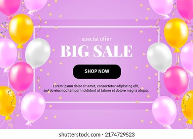 Big seasonal final sale text, special event celebrate background with purple and purple balloons. Realistic vector design for store and banner sales, grand opening, party flyer