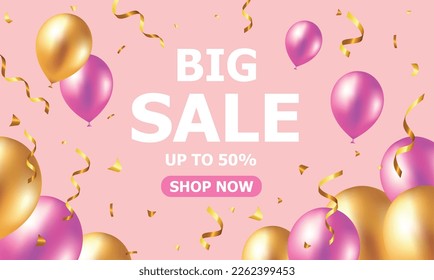 Big Seasonal Final sale text, special offer celebrate background with gold and pink air balloons. Realistic vector stock design for shop and sale banners, grand opening, party flyer eps 10