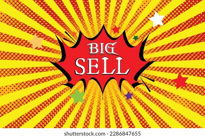 Big sell marketing advertisement poster with pop art element and sunburst background, vector art illustration 