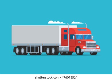 Big Semi Truck. Concept Logistic And Delivery Cargo Auto Transportation. Heavy American Red Tractor Pulls The Trailer. Vector Flat Trendy Illustration