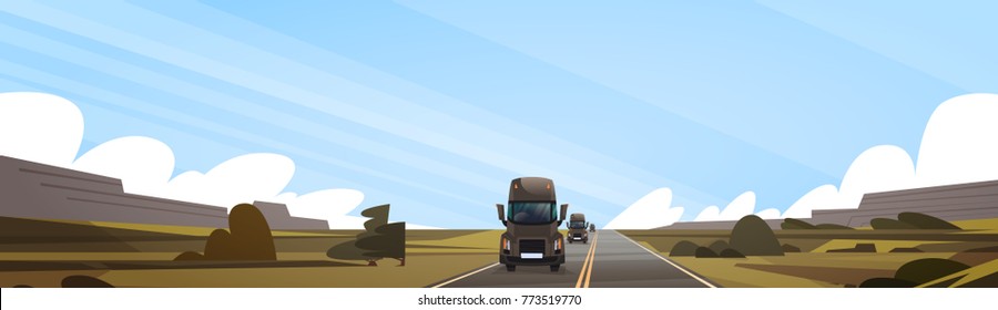 Big Semi Truck Trailer Driving On Coutryside Road Over Sunset Landscape Vector Illustration