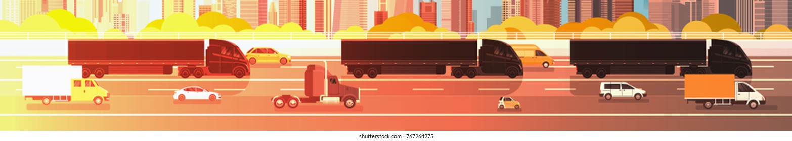 Big Semi Truck Trailers Driving In Line On Highway Road With Cars, Lorry Over City Background Delivery Cargo Concept Flat Vector Illustration