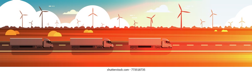 Big Semi Truck Trailers Driving Road Over Nature Sunset Landscape Horizontal Banner Vector Illustration