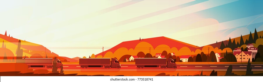 Big Semi Truck Trailers Driving Road Over Mountains Landscape At Sunset Horizontal Banner Vector Illustration