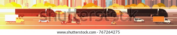 Big Semi Truck Trailers Driving In Line On\
Highway Road With Cars, Lorry Over City Background Delivery Cargo\
Concept Flat Vector\
Illustration