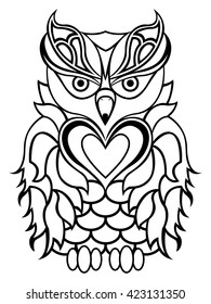 Big serious owl isolated on a white background, cartoon black and white vector outline
