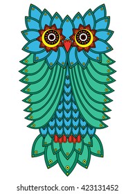 Big serious owl mainly in blue and green hues isolated on a white background, cartoon vector illustration