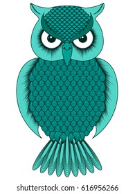 Big serious turquoise ornate cartoon owl with round eyes isolated on the white background, vector illustration