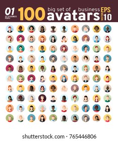 Big set 01 of 100 awesome avatars. Women and men heads in flat style. Vector illustration in the circle. Business cartoon style people.