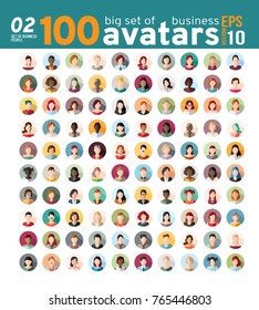 Big set 02 of 100 awesome avatars. Women and men heads in flat style. Vector illustration in the circle. Business cartoon style people.