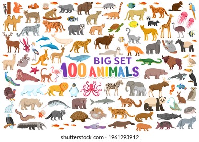  Gran juego de 100 animales, peces y aves para niños.Personajes de dibujos animados vectores aislados en fondo blanco. 