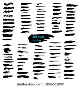 Big set of 100 black brush strokes. Hand drawn vector texture and design elements isolated on white.