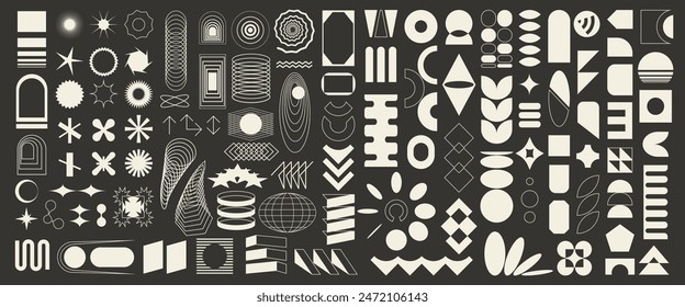 Big set of 100 brutalist abstract geometric elements, brutal contemporary figure, swiss design , bauhaus memphis shapes and grids, isolated, black and white