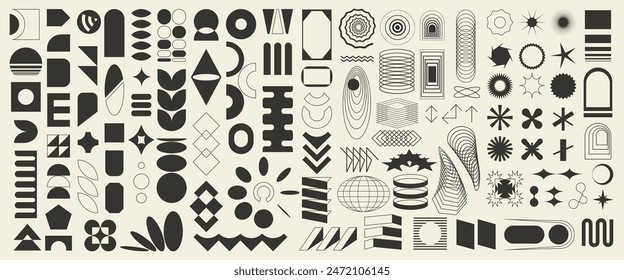 Big set of 100 brutalist abstract geometric elements, brutal contemporary figure, swiss design , bauhaus memphis shapes and grids, isolated, black and white