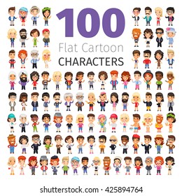 Big set of 100 casually dressed flat cartoon people. Isolated on white background. Clipping paths included.
