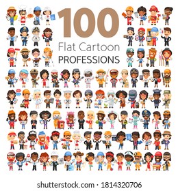 Big set of 100 different professions flat cartoon characters. Group of workers isolated on white background.