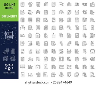 Big set of 100 Documents line icons set. Editable stroke. Containing File, page, form, report, search, list and more. Vector illustration