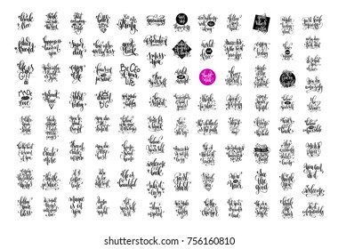 big set of 100 hand lettering inscription, motivation and inspiration positive quotes, calligraphy vector illustration collection