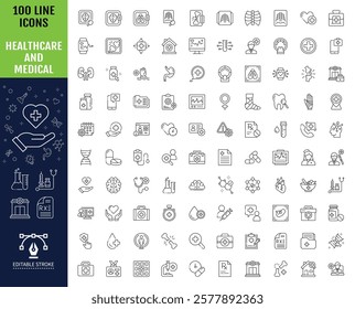 Big set of 100 Healthcare and medical line icons. Editable stroke. Containing emergency, doctor, treatment, medical, report, diagnosis, health, prevention and more. Vector illustration