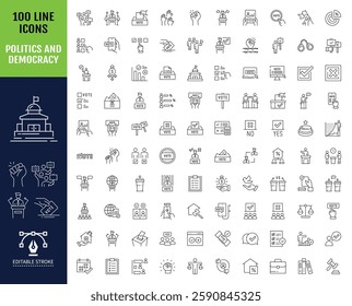 Big set of 100 Politics and democracy line icon set. Editable stroke. Containing as politics, vote, government, voting, campaign, political, candidate, president and more. Vector illustration
