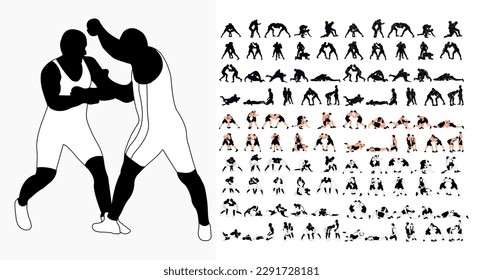 Big set 100 silhouettes athlete wrestler in wrestling, duel, fight. Greco Roman wrestling, martial art, sportsmanship