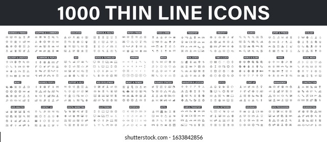 Big set of 1000 thin line Web icon. Business, finance, shopping, logistics, medical, health, people, teamwork, contact us, arrows, electronics, social media, education, management, creativity. Vector 