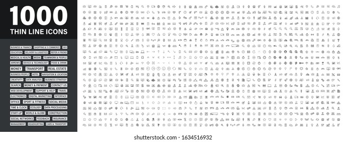 Big Set Of 1000 Thin Line Web Icon. Business, Finance, Shopping, Logistics, Medical, Health, People, Teamwork, Contact Us, Arrows, Electronics, Social Media, Education, Management, Creativity. Vector 