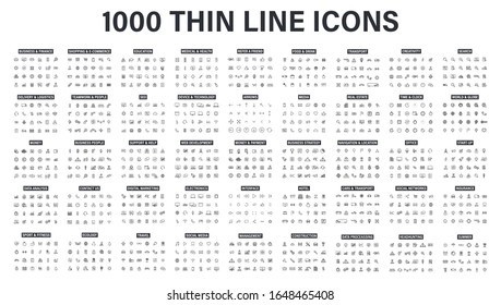 Big set of 1000 thin line Web icon. Business, finance, shopping, logistics, medical, health, people, teamwork, contact us, arrows, electronics, social media, education, management. Vector collection.