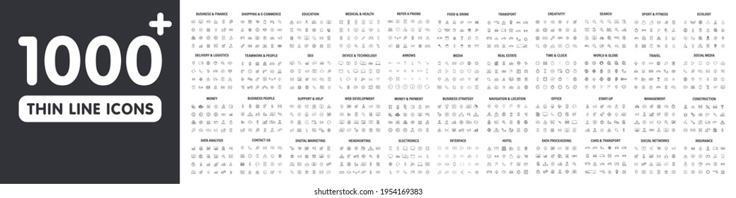 Big Set Of 1000 Thin Line Web Icon. Business, Finance, Shopping, Logistics, Medical, Health, People, Teamwork, Contact Us, Arrows, Electronics, Social Media, Education, Management, Creativity. Vector.