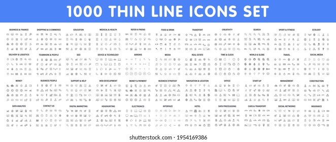 Big Set Of 1000 Thin Line Web Icon. Business, Finance, Shopping, Logistics, Medical, Health, People, Teamwork, Contact Us, Arrows, Electronics, Social Media, Education, Management, Creativity. Vector.