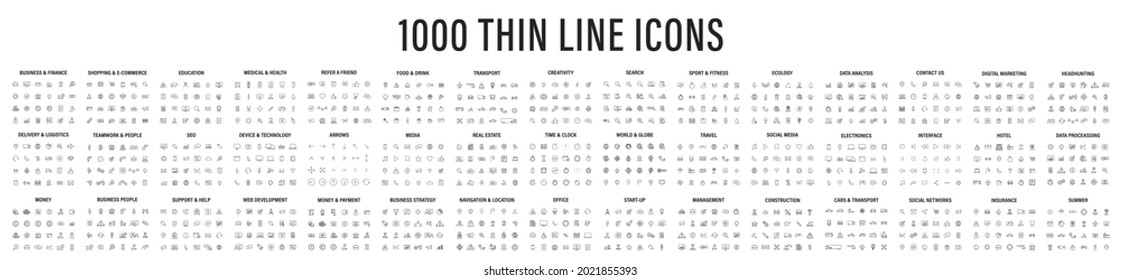 Big set of 1000 thin line Web icon. Business, finance, shopping, logistics, medical, health, people, teamwork, contact us, arrows, electronics, social media, education, management, creativity. Vector.