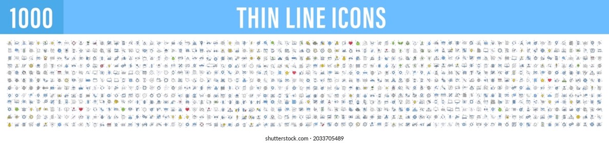 Big Set Of 1000 Thin Line Web Icon. Business, Finance, Shopping, Logistics, Medical, Health, People, Teamwork, Contact Us, Arrows, Electronics, Social Media, Education, Management, Creativity. Vector.