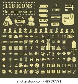 big set of 118 icons for website online store. Icons, symbols, logos, buttons for all sites. Golden silhouette on brown background. Vector Illustration