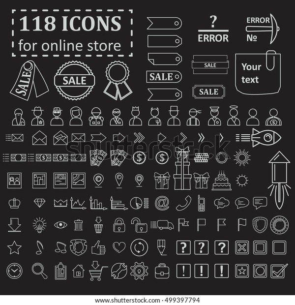 big set of 118 icons for\
website online store. Icons, symbols, logos, buttons for all sites.\
Only a stroke. White outline on black background. Vector\
Illustration