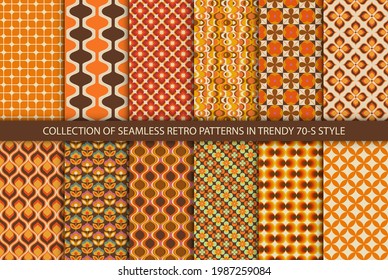Gran conjunto de 12 patrones retro coloridos. Vectores de moda estilo años 70. Resumen de los adornos geométricos y florales modernos, de origen vintage